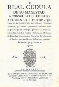 Real Cédula aprobando la introducción de seis mil colonos alemanes y flamencos para establecer las Nuevas Poblaciones (1767). / Foto: http://ceesneo.wix.com/
